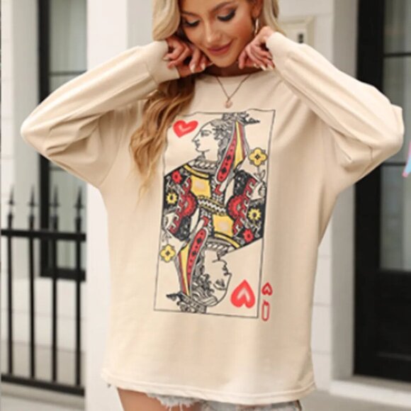 Queen of Hearts Playing Card Graphic Round Neck Sweatshirt - Picture 2 of 9